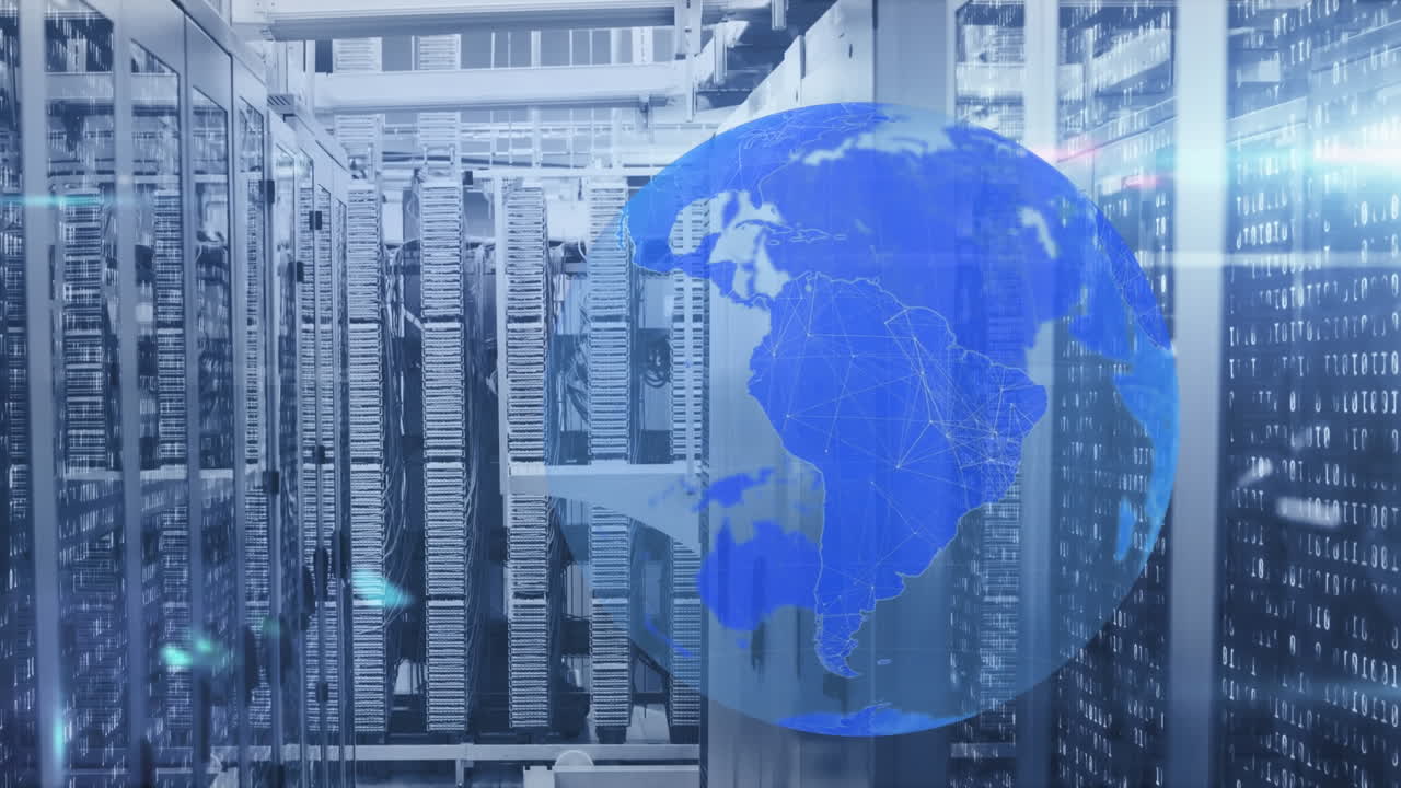 서버 방 위의 지구와 빛의 반점의 애니메이션