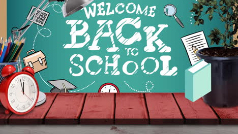 animación del texto bienvenidos de vuelta a la escuela en la pizarra con libros que caen