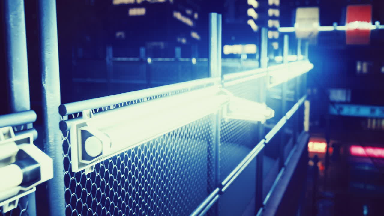 Urban nightscape illuminated by glowing barriers providing a surreal atmosphere