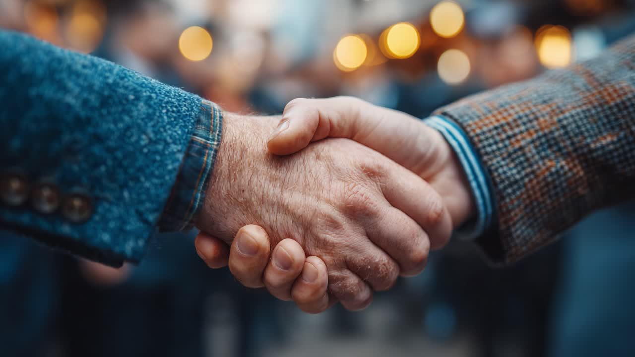 A Close-Up of Two Individuals Engaging in a Firm Handshake, Signifying Agreement, Partnership, or Mutual Respect in an Eventful Background Setting