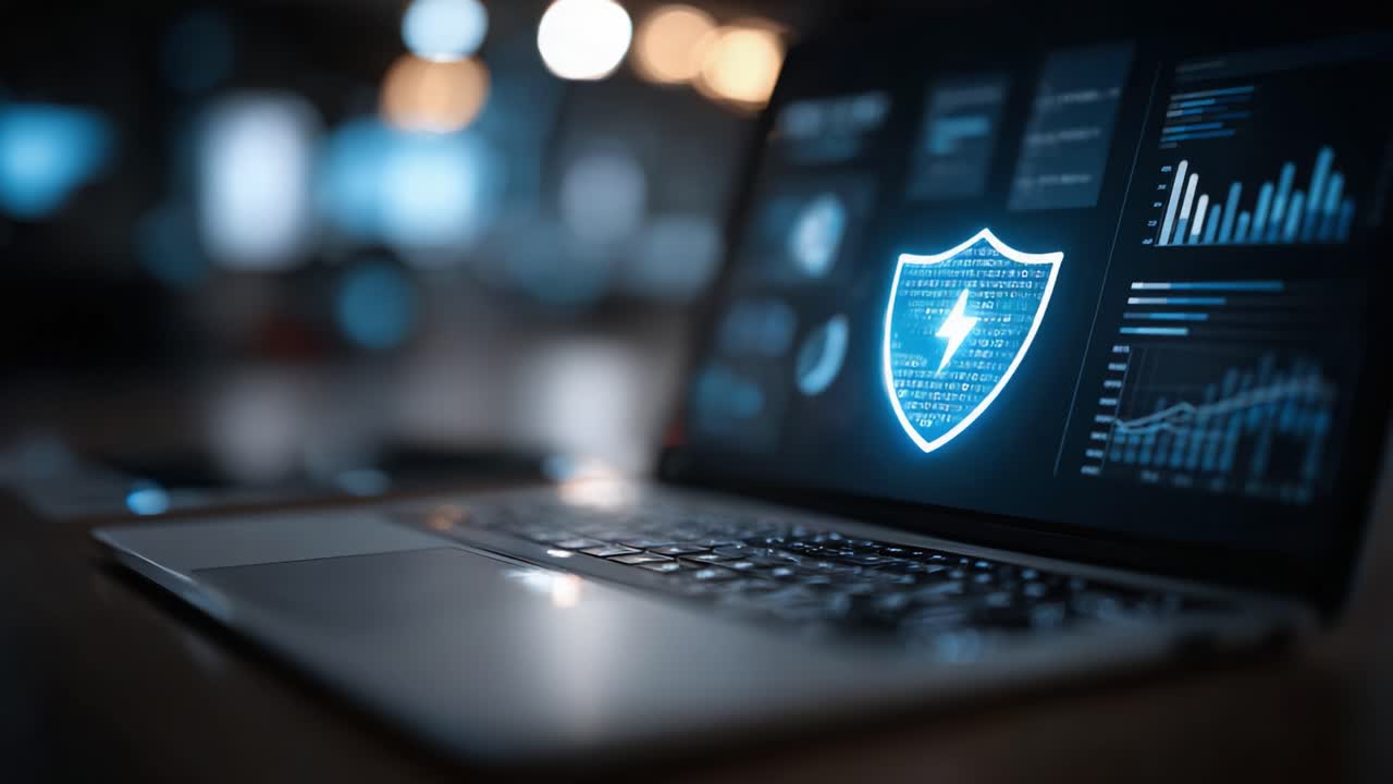 Dynamic Laptop Displaying Cybersecurity Analytics with Data Visualizations and Protection Icon Under Soft Lighting Environment