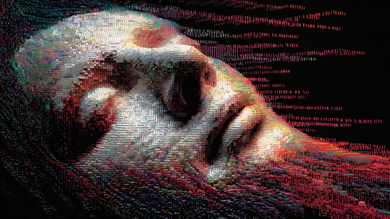 A striking composition featuring a digitally distorted visage that merges human form with abstract data streams, emphasizing the intersection of technology and identity while exploring themes of digital existence and perception