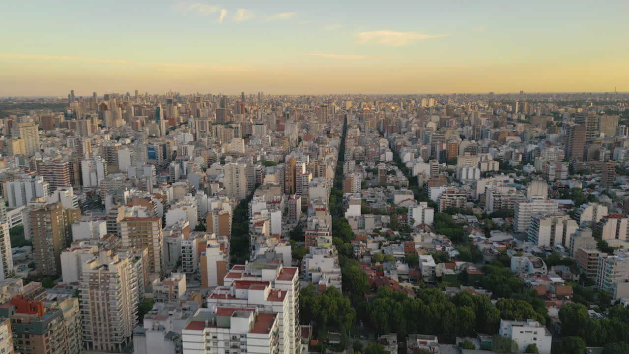 Vista aerea di un vasto paesaggio urbano con edifici e viali alberati.