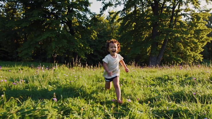 Close-up video shot of a smiling child with curly hair outdoors