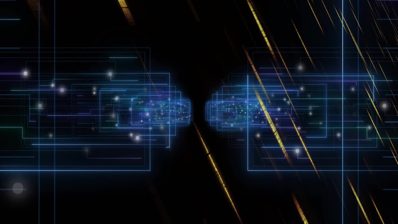 Opening neon clusters pulsing, beams streaking diagonally, particles converging, showing data flow