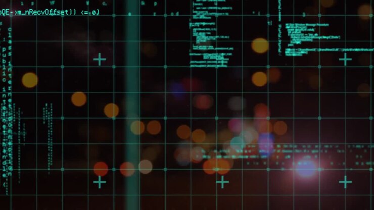 Animation of data processing over blurred city road traffic
