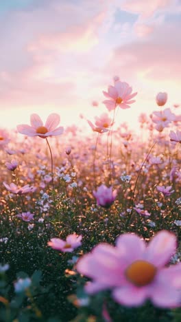 el campo del cosmos rosado al atardecer