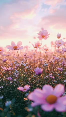 pink cosmos field at sunset