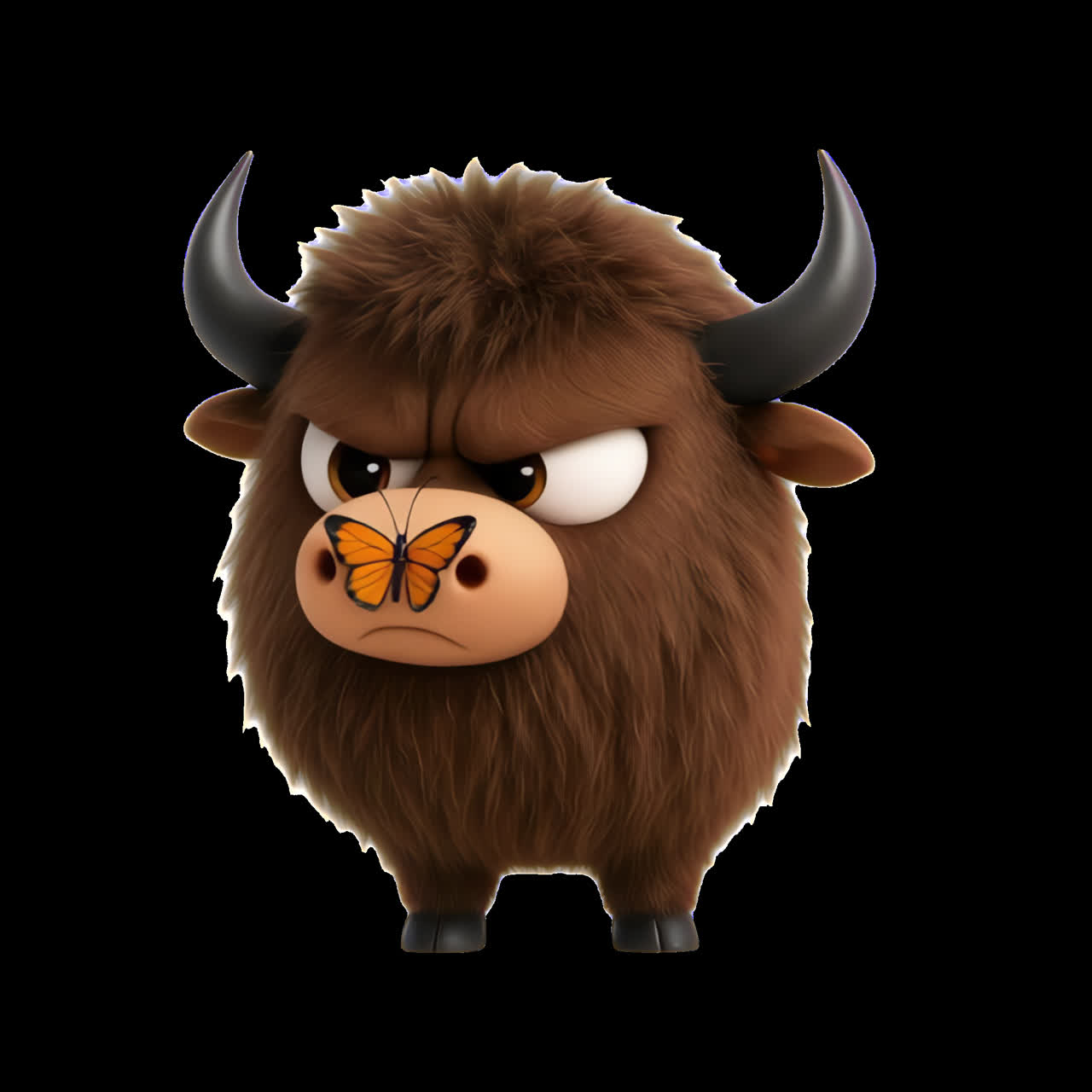 Cute buffalo with butterfly animation isolated asset, transparent 4K video, alpha channel, ProRes