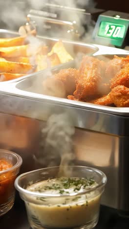 deliciously crispy chicken wings and golden fries being cooked in a fryer