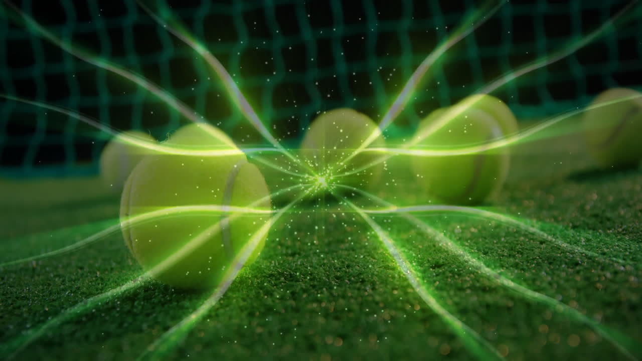 Tennis balls being interlaced with glowing green trails, drifting across CGI grass court surface