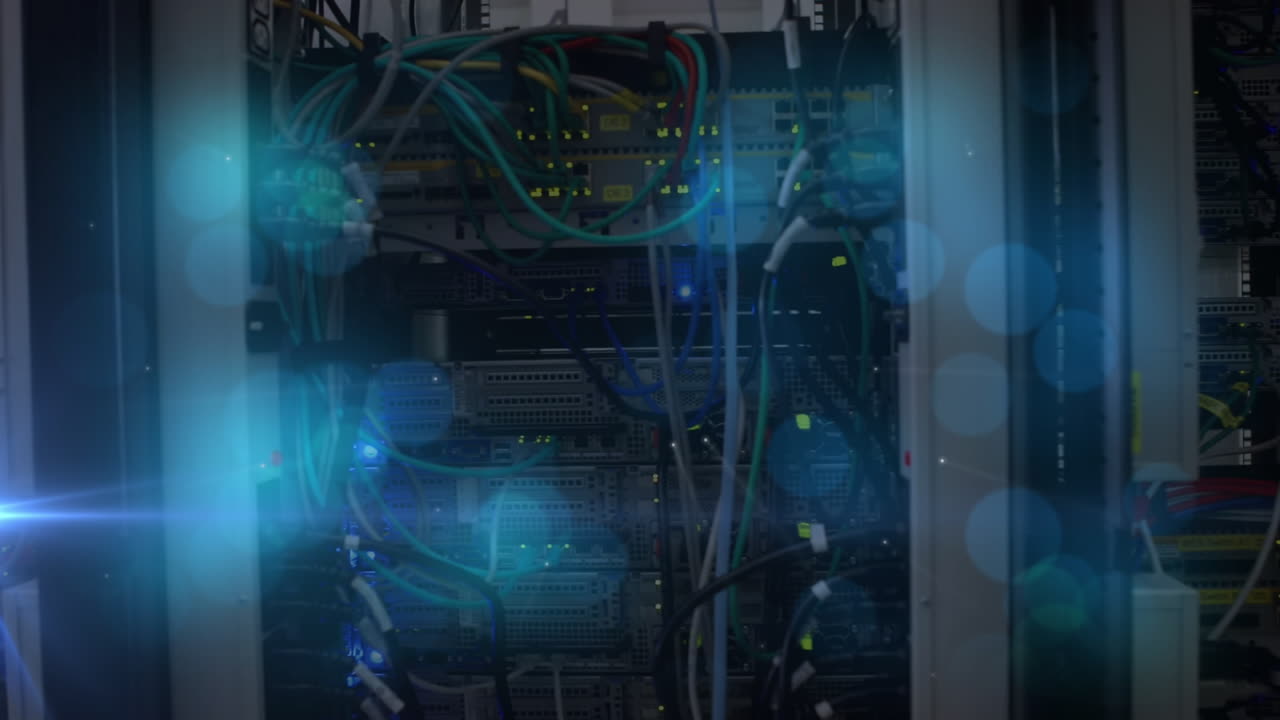 animación de puntos de luz azul sobre la sala del servidor