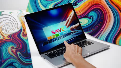online shopping decision on laptop with abstract art background