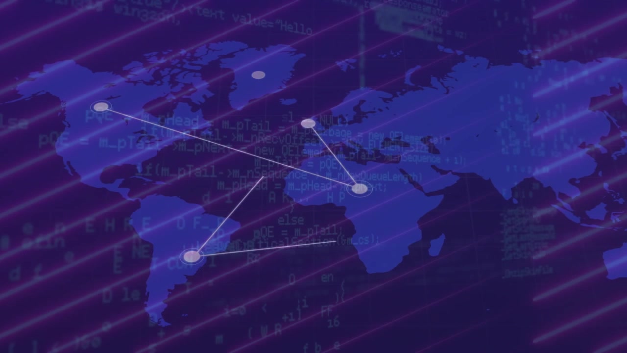 Scanning lines starting map, pulsing nodes linking globally, visualizing network code-text flashing