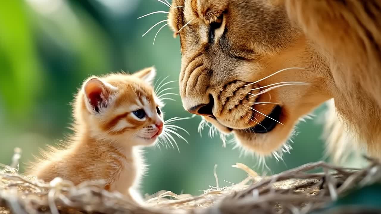 Un leone e un gattino si stanno guardando l'un l'altro