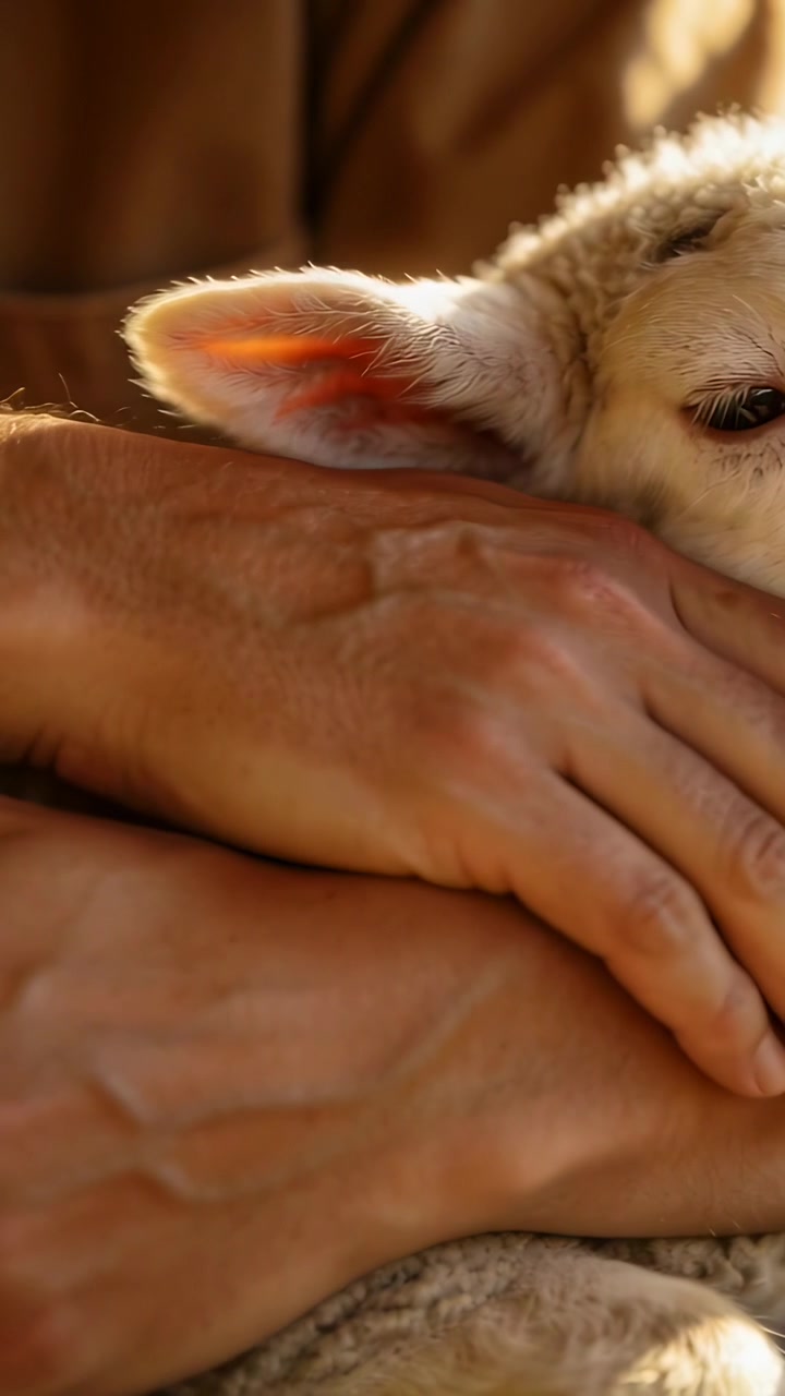 Video verticale: Mani di un agricoltore che si protendono, cullando la testa di un agnello in una fattoria, indossando una maglietta marrone, mentre accarezzano l'agnello.