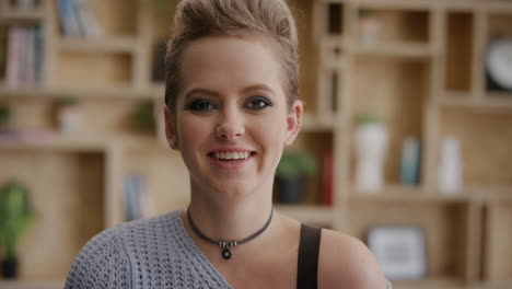 portrait cute young blonde girl student laughing enjoying lifestyle caucasian woman wearing stylish fashion hairstyle