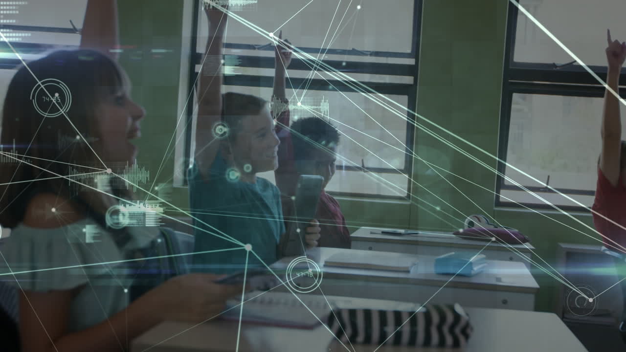animación de la red de conexiones entre diversos escolares que aprenden en el aula