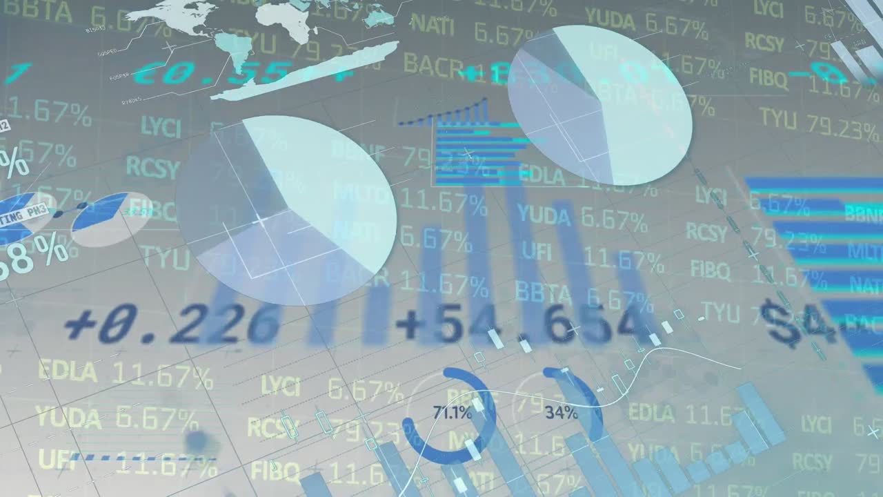 Animation of financial data processing and stock market on white background