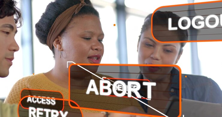 Woman in mustard tapping tablet, tech UI badges popping ABORT?DENIED while team verifying access