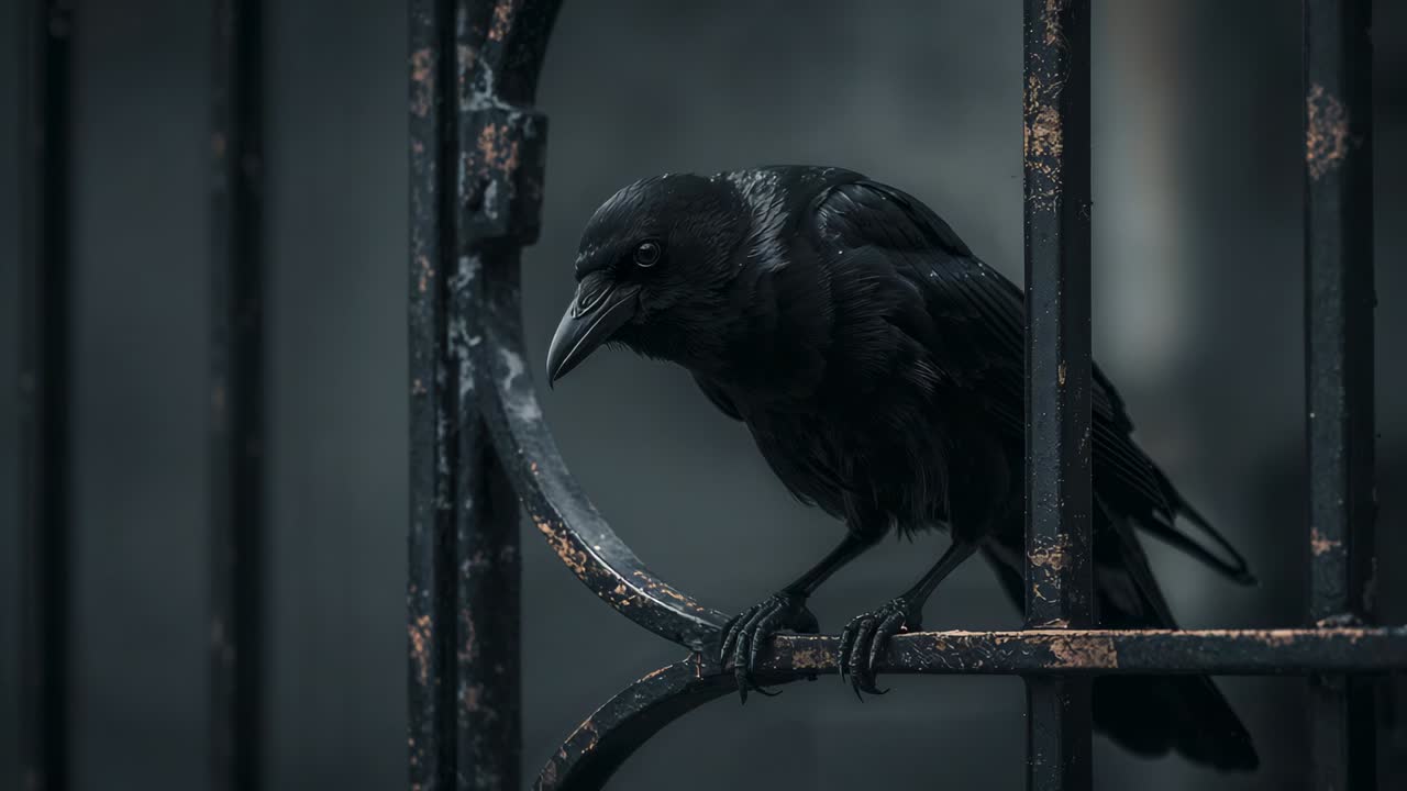 Catching light, black crow lifting head scanning garden on rusted iron fence, with feather detail