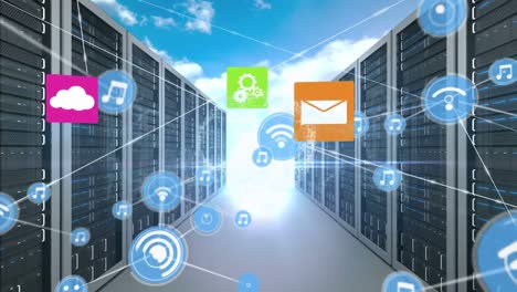 animation of network of connections with icons over computer servers