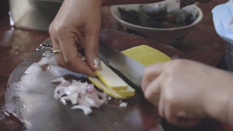 almohadilla de cocina serie tailandesa: mano del chef slo mo cortando tofu firme en trozos pequeños en la tienda de comida callejera tailandesa