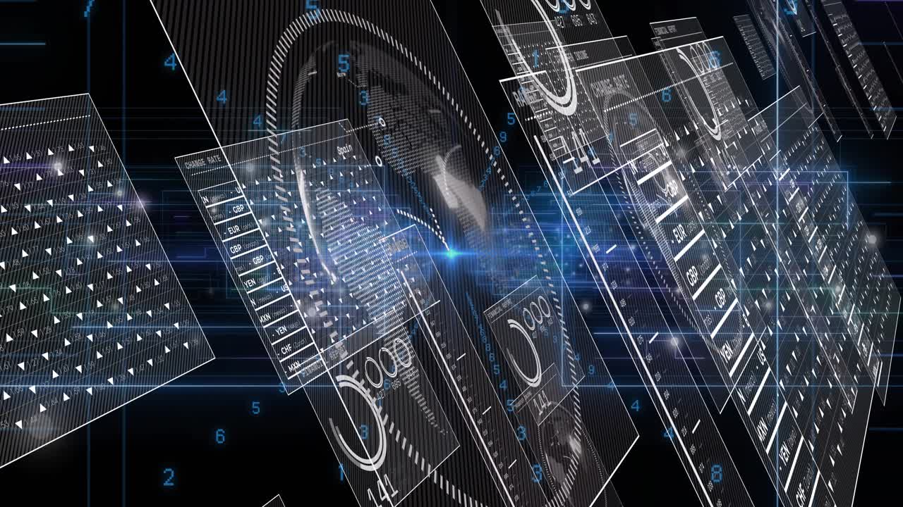 Central blue core emitting data wave, HUD panels gliding, readouts pulsing, visualizing data tunnel
