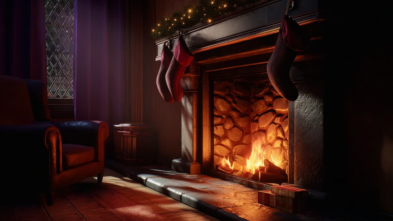 A Cozy Christmas Scene Captured in Two Frames: Warm Glow of a Fireplace with Stockings and Gifts, Inviting Atmosphere Embraced by Holiday Cheer and Nostalgic Memories in a Homey Setting