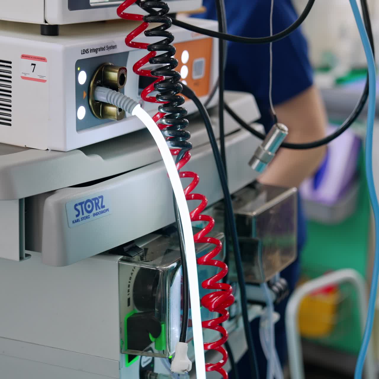 Close look at machines working in the modern surgery room during operation. Medical equipment in surgical theatre