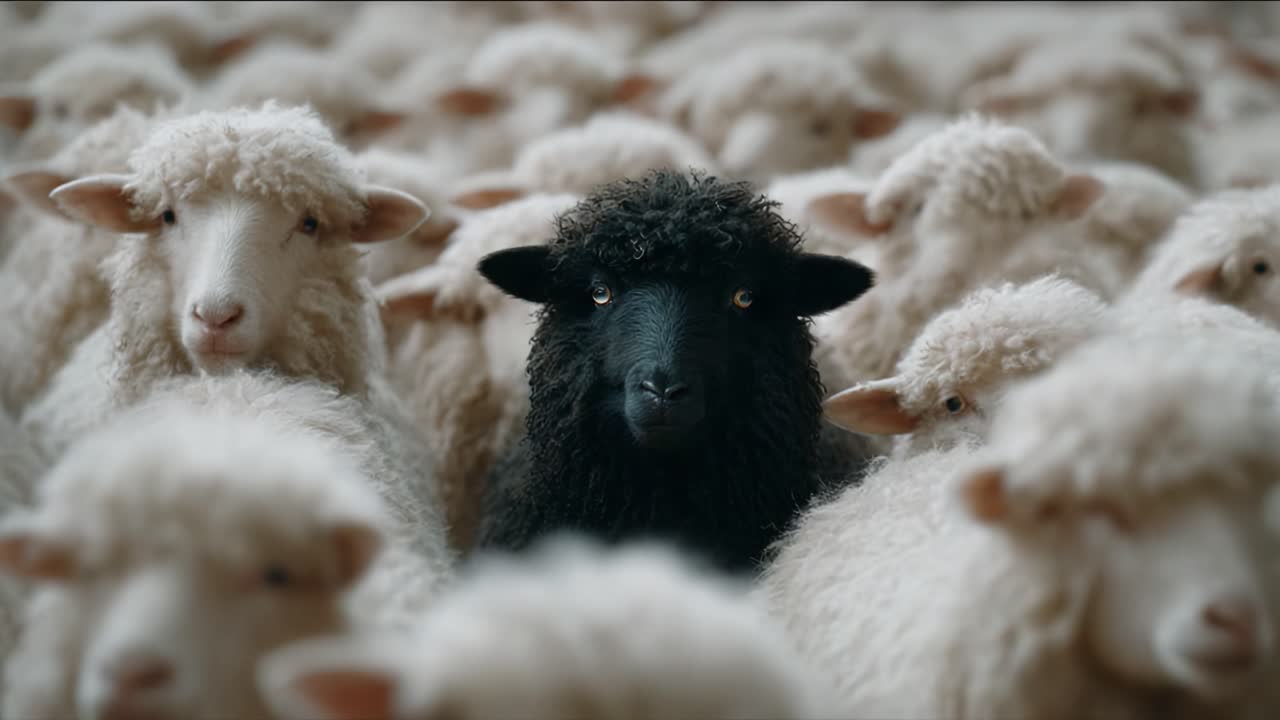 A striking contrast in a flock of sheep: the unique presence of a black sheep stands out among the white, showcasing individuality and diversity in a rustic pastoral setting
