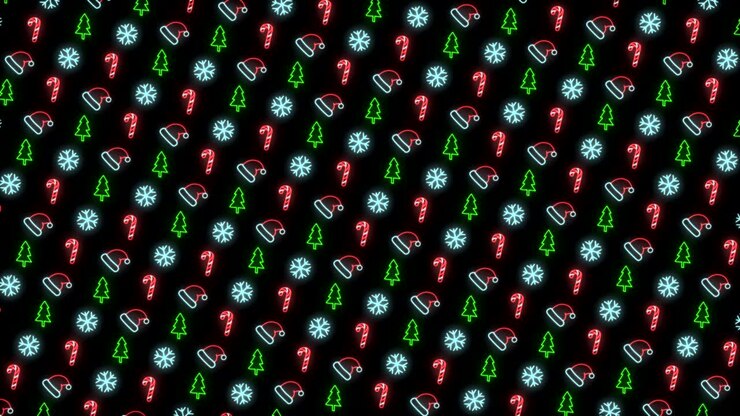 Neon Christmas Pattern Background of Christmas Tree, Snowflake, Santa Hat and Candy Cane in Red Black and White Looping animation