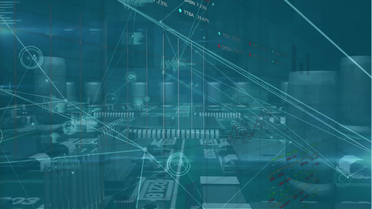 Animation of connections and data processing over computer circuit board on black background