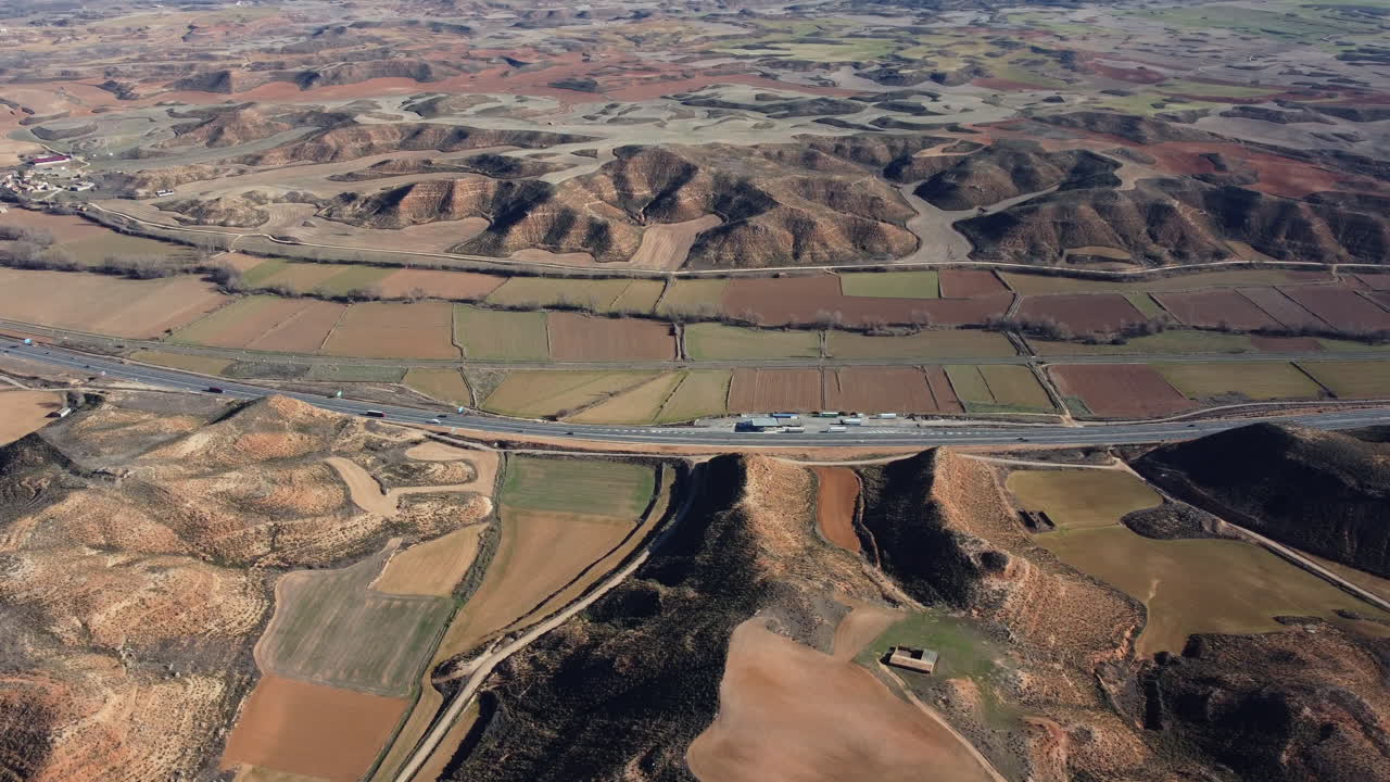 Aerial View of Spanish Farmland and Highway