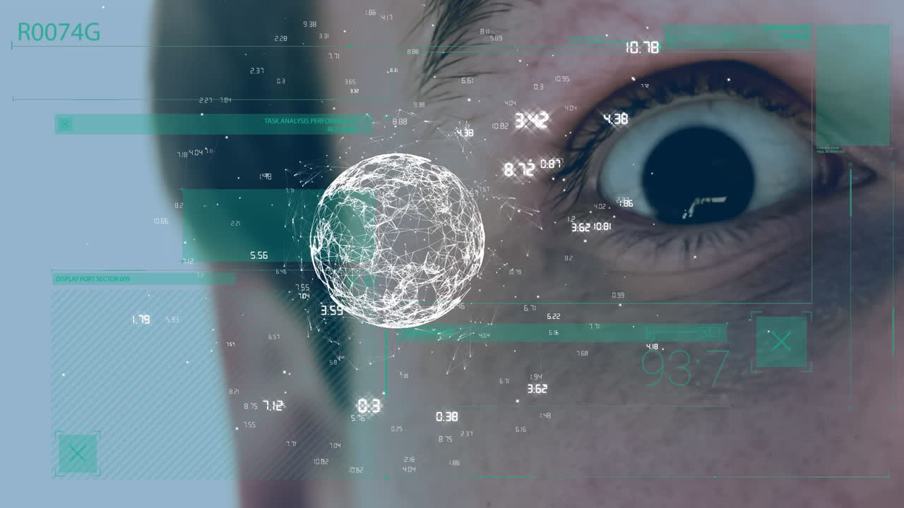 animación del globo y procesamiento de datos sobre el ojo del hombre caucásico