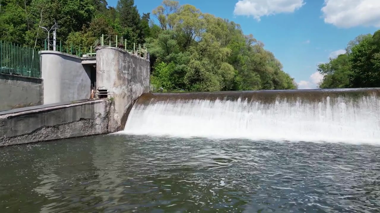 Filmato drone del fiume Koszarawa polacco, con una diga, una riva rocciosa, rapide, alberi verdi lussureggianti, cielo azzurro e strutture idrotecniche in una limpida giornata estiva.