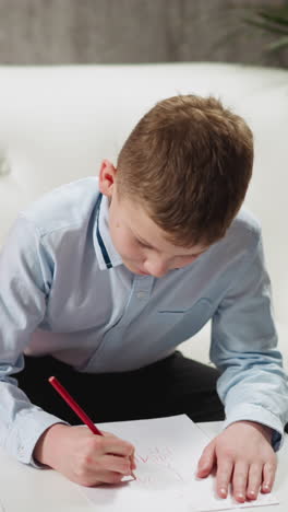 junior boy student draws with pencil on paper doing homework while little sister sits nearby on sofa studying together in living room at home slow motion