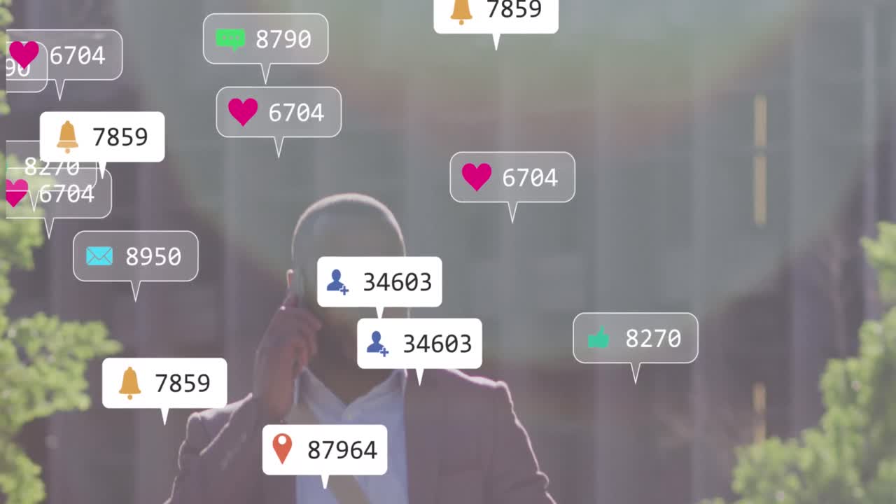 아프리카계 미국인 남성이 야외에서 스마트폰으로 이야기하는 소셜 미디어 아이콘의 애니메이션