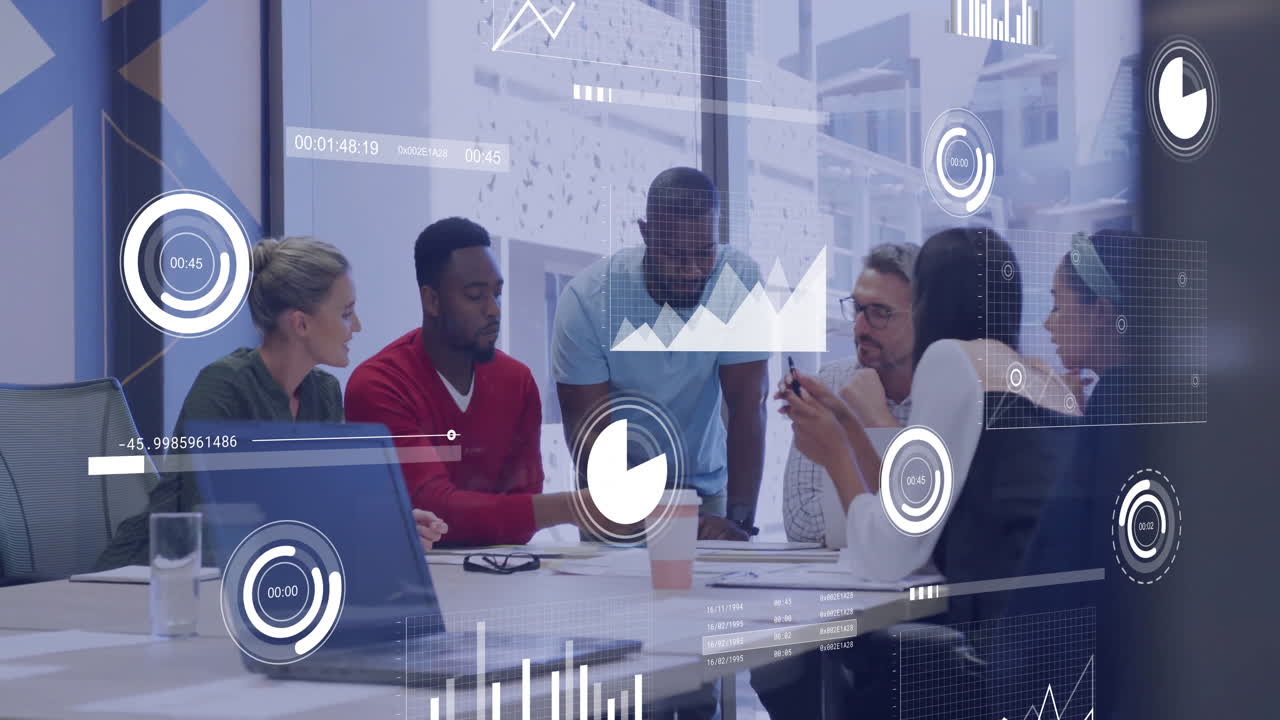 Office team collaborating in business meeting, displaying live data charts over conference table