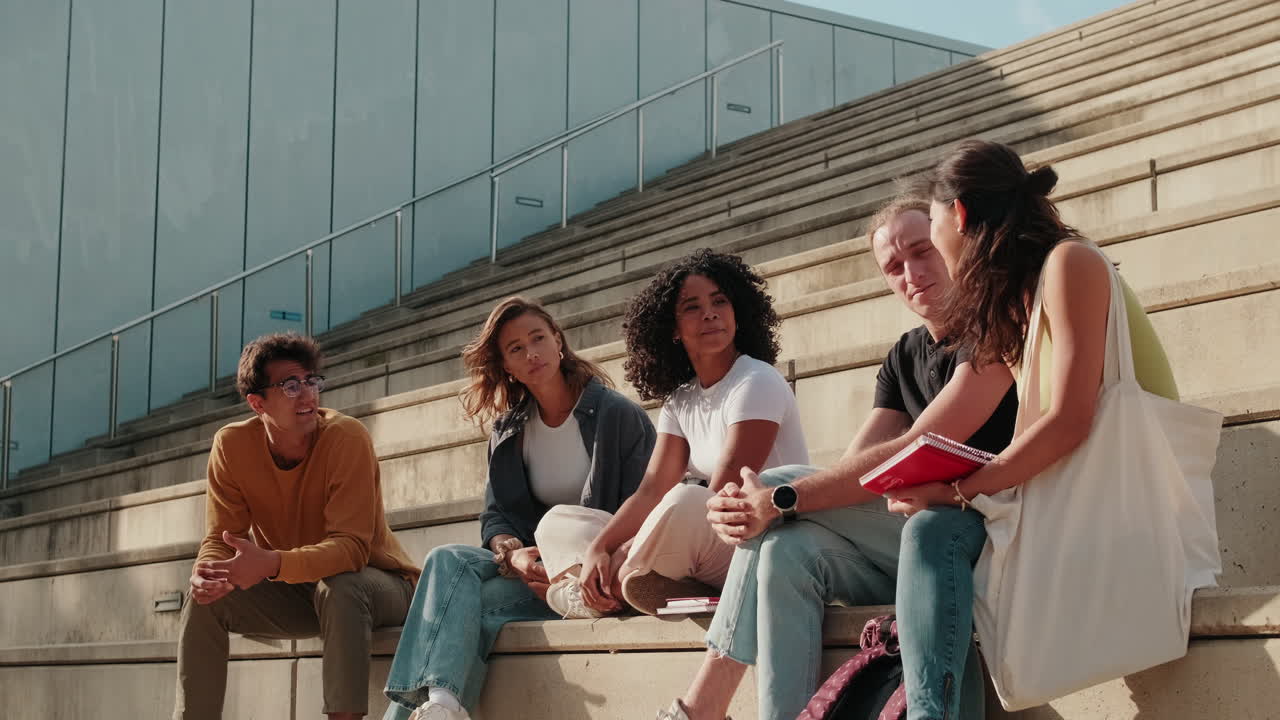 Close up side view of the group of happy students with study items is sitting
