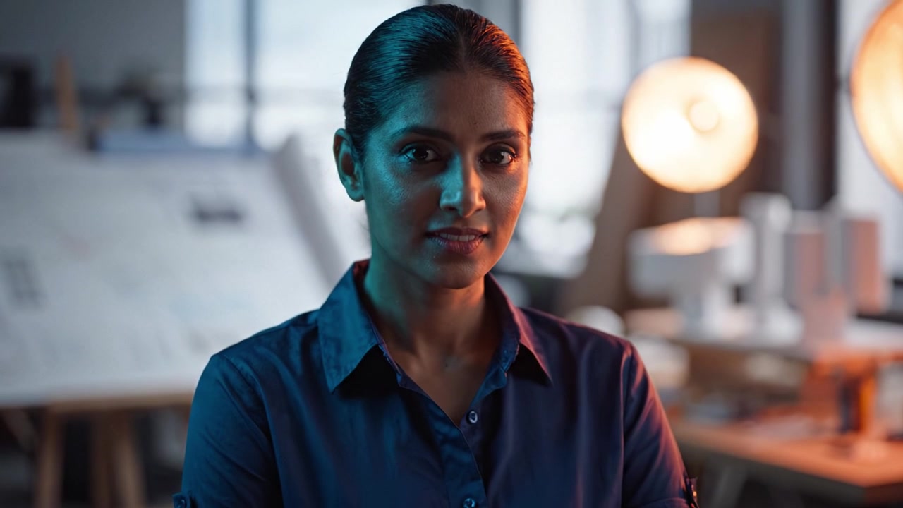 Una donna professionista riflessiva in un moderno ambiente d'ufficio, illuminata da luci calde, che riflette sul suo lavoro in un'atmosfera creativa di innovazione e design.