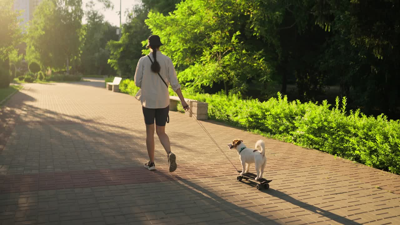 mujer paseando a su perro en una patineta en un parque