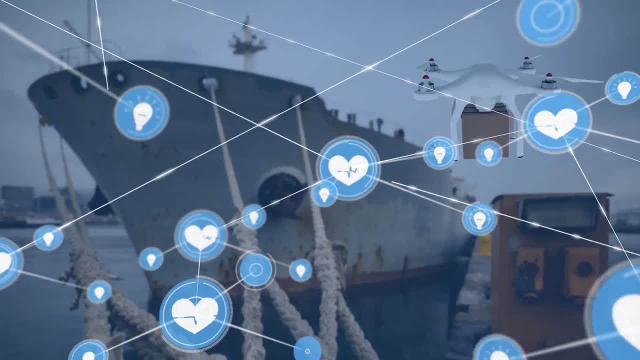 패키지를 운반하는 드론을 통해 아이콘으로 연결된 네트워크의 애니메이션