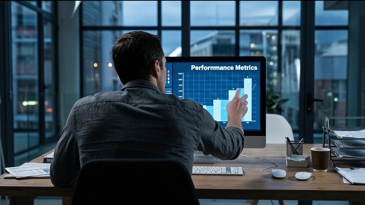 Businessman Analyzing Performance Metrics on Computer in Modern Office