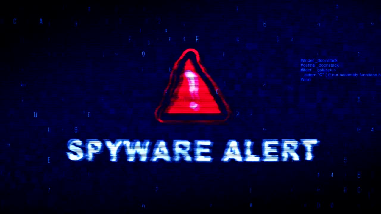 texto de alerta de spyware ruido digital contracción glitch distorsión efecto error animación de bucle