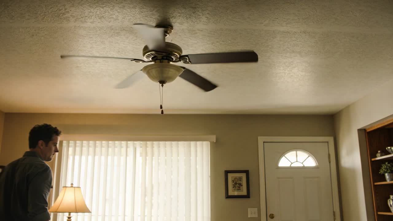 Entrando da sinistra, un uomo che cammina con una camicia abbottonata e pantaloni scuri passa davanti a un ventilatore a soffitto che gira, dirigendosi verso la porta d'ingresso.