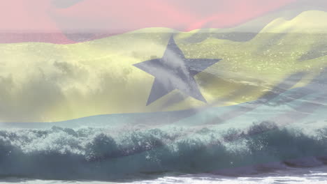 animation of flag of ghana blowing over crashing waves in sea