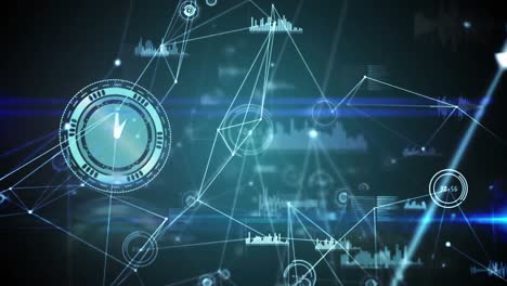 Animation-of-neon-ticking-clock,-network-of-connections-and-data-processing-against-blue-spots