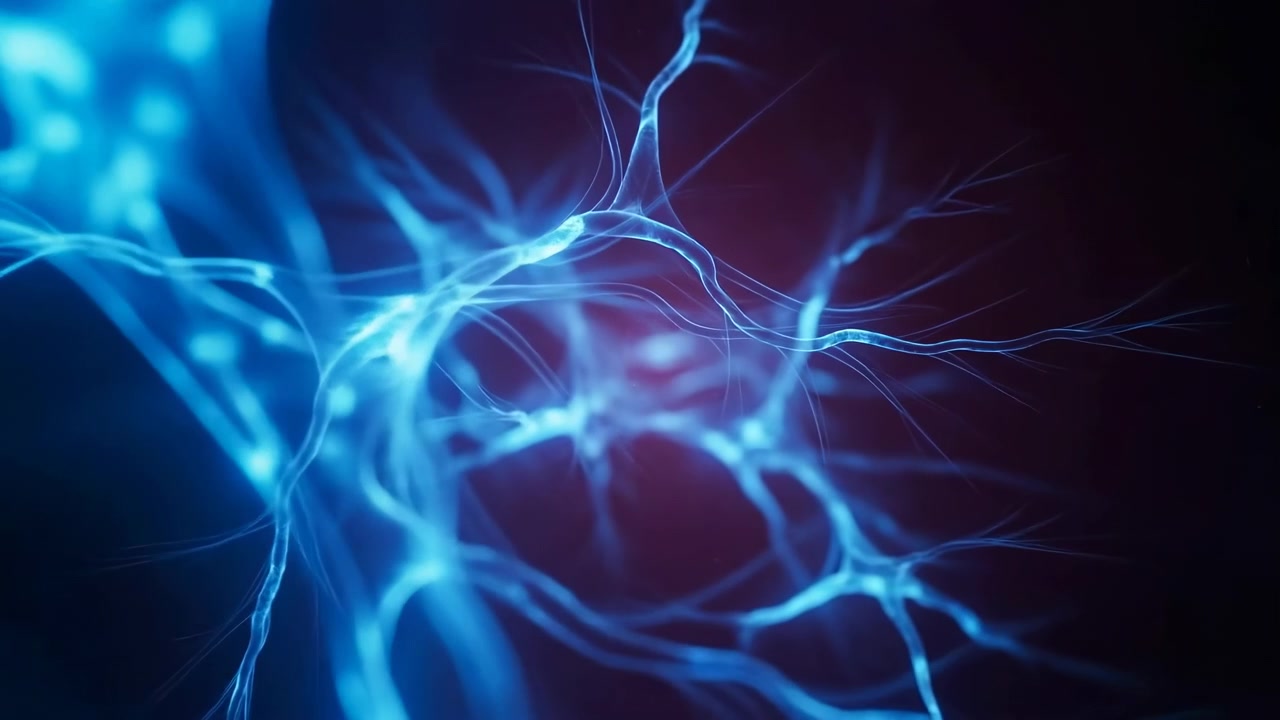 Abstract blue luminous lines form a branching network of energy against a dark blurred background, creating a futuristic digital pattern with soft bokeh