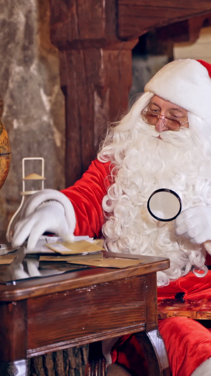 Santa Claus is sitting in specially decorated room at the table, holding a magnifying glass in hands. Feast fireplace in the background. Vertical video